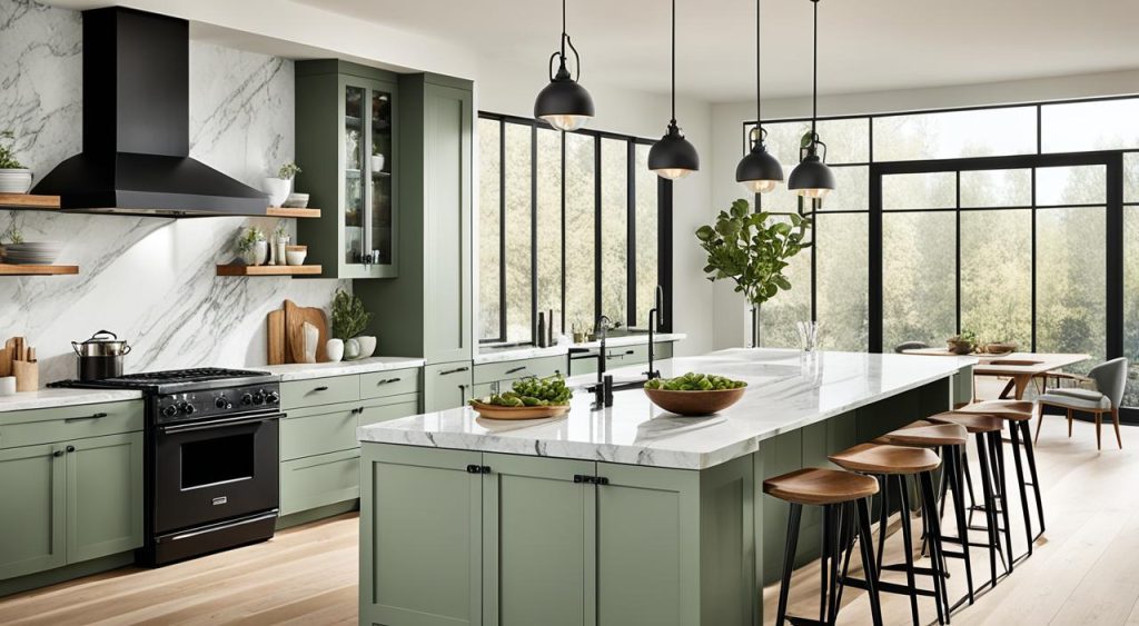 Sage Green Kitchen Cabinets: Stylish & Serene Design Make your kitchen look better with sage green cabinets. This color can change any kitchen, making it calm and stylish. It fits well with many styles, like modern, farmhouse, or minimalist. Whether you're redoing your whole kitchen or just updating your cabinets, sage green is a great choice. It brings a natural, soothing feel to your space. This color works well with many designs, making your kitchen look better. Key Takeaways Sage green kitchen cabinets offer a timeless, serene aesthetic that can enhance any kitchen design. This versatile color complements a wide range of design styles, from modern farmhouse to sleek minimalism. Sage green cabinetry can create a harmonious and calming atmosphere in the heart of your home. Incorporating sage green cabinets is an excellent way to refresh your kitchen without a complete remodel. Sage green is a popular cabinet color choice for modern and traditional kitchen designs alike. The Timeless Allure of Sage Green Sage green is known for its calming and harmonious qualities. It mixes the freshness of green with the warmth of gray. This color creates a serene backdrop for both traditional and modern kitchens. Sage green kitchen cabinets provide a soothing base. They let other design elements, like modern hardware or rustic touches, stand out. Soothing Tones for a Harmonious Space The soft, muted tones of sage green bring tranquility and balance. This natural color palette makes the kitchen feel harmonious. Sage green cabinets add a calming vibe, making them a top choice for those wanting a kitchen decor trend that welcomes everyone. Blending Nature's Hues with Modern Accents Sage green kitchen cabinets are great at mixing with different design styles. They match well with natural materials like wood and stone, giving a farmhouse kitchen feel. At the same time, they work as a sophisticated backdrop for modern touches, blending old and new smoothly. Renovating your kitchen or just updating your cabinets, sage green's timeless appeal is captivating. This versatile color offers a serene and balanced space for your dream green cabinets design. "Sage green is a soothing, earthy tone that has long been celebrated for its calming, harmonious qualities." Sage Green Kitchen Cabinets: A Versatile Choice Sage green kitchen cabinets are a great choice for any kitchen design. They blend well with many colors, materials, and styles. This makes them perfect for creating a space that looks good and feels cohesive. If you love the cozy feel of a farmhouse kitchen or the sleek look of modern design, sage green cabinets are ideal. They're timeless and can fit many styles, making them a favorite among homeowners and designers. For a modern kitchen design, pair sage green cabinets with shiny stainless steel appliances and white countertops. This creates a clean, contemporary look. Or, mix them with rustic wood and warm tones for a farmhouse kitchen feel. Sage green kitchen cabinets are versatile in style and color. You can pick from many cabinet paint colors to match your kitchen's look. This lets you customize your space to your taste. Starting a kitchen remodel or just refreshing your kitchen? Sage green cabinets can help bring your dream kitchen to life. https://youtube.com/watch?v=RL0j_2iQJW4 Pairing Sage with Complementary Hues Sage green kitchen cabinets are a timeless choice that blend well with many colors and finishes. For a cozy feel, pair them with warm neutral tones. These tones bring comfort and serenity to your kitchen. Warm Neutrals for a Cozy Ambiance Creamy whites, soft beiges, and rich wood accents are great with sage green kitchen cabinets. This mix creates a serene, welcoming look that's both timeless and modern. Warm neutrals balance the cool sage, making your kitchen inviting. Use these colors throughout your kitchen, from kitchen renovation materials to kitchen makeover accessories. Sage green and warm neutrals can make your kitchen decor trends look better. They add tranquility that's pleasing to the eye and heart. "The beauty of sage green kitchen cabinets is their ability to create a serene, nature-inspired atmosphere that instantly puts the mind at ease." Starting a kitchen renovation or just refreshing your kitchen makeover? Choose sage green and warm neutrals for a striking, timeless look. This choice will boost your kitchen's appeal. Sage Green Cabinets in Farmhouse Kitchens Sage green kitchen cabinets are perfect for farmhouse kitchens. They match the rustic feel of these kitchens well. With shiplap walls and vintage hardware, they make the space cozy and inviting. Sage green cabinets fit well with natural materials like wood and stone. They look great with weathered wood and natural stone. This creates a look that's both harmonious and beautiful. Sage green is versatile and works with many farmhouse-style accents. It goes well with white tiles and metal light fixtures. This makes it a top pick for kitchen makeovers. "Sage green cabinets bring a sense of timeless elegance and warmth to a farmhouse kitchen. They're the perfect balance of modern and traditional, creating a space that feels both inviting and stylish." If you love the rustic look of a traditional farmhouse or the modern take on it, sage green cabinets are a great choice. They mix natural tones with farmhouse style for a kitchen that's both pretty and practical. Modern Minimalism with Sage Green Sage green kitchen cabinets can easily fit into a modern, minimalist look. They work well with clean lines and simple colors. This creates a calm and modern space that feels connected to nature. The green color brings stability, letting other design pieces like bright lights or stone countertops stand out. Clean Lines and Sleek Finishes Minimalist kitchens with sage green cabinets have simple shapes and focus on being useful. They often have flat doors, no handles, and hidden appliances for a clean look. Adding quartz or marble countertops, stainless steel appliances, and soft lighting makes it look modern and upscale. To make your sage green kitchen look more minimalist, consider these ideas: Seamless, handleless cabinetry for a streamlined look Integrated appliances that blend with the cabinets Neutral backsplash tiles in white, gray, or stone Pendant lights or recessed lighting for the work area Sleek, minimalist hardware in matte black or brushed gold Using a minimalist style with sage green cabinets makes your kitchen both beautiful and practical. It combines the soothing colors of nature with modern design. Sage Green Shaker Cabinets: A Classic Touch Kitchen design often highlights timeless elegance. Sage green shaker cabinets bring this look to life. They mix the simple Shaker style with nature's calming colors. This style fits well in many kitchen decors, from farmhouse to modern. Shaker cabinets have clean lines and recessed panel doors. The sage green finish adds a soft, earthy feel. This color works well with many kitchen styles, perfect for those wanting a classic and flexible design. Timeless Style for Any Kitchen Design Sage green shaker cabinets suit any kitchen look, from traditional to modern. Their soft colors stand out against white walls or shiny appliances. This creates a balanced and eye-catching look. To boost the cabinets' appeal, add brass hardware or natural wood accents. This mix of old and new makes the kitchen timeless yet trendy. It's ideal for any kitchen renovation or kitchen decor trends. "Shaker-style cabinets are a timeless classic, and when finished in a soothing sage green, they can lend an elegant, traditional touch to any kitchen design." Sage Green Kitchen Cabinets: A Fresh Take on Renovation Looking to update your kitchen without a full makeover? Try giving your cabinets a sage green finish. This easy and budget-friendly change can completely change your kitchen's look and feel. Sage green kitchen cabinets are a great pick for a kitchen update. They bring timeless style and flexibility, making your kitchen look good for many years. Choosing green cabinets can make your kitchen feel calm and peaceful. Sage green is a gentle color that goes well with many styles, from farmhouse to modern. Adding this natural shade to your cabinets can make your kitchen look better, turning it into a cozy spot in your home. Another plus of sage green kitchen cabinets is how affordable they are. You don't need to do a full remodel or renovation. Just paint your cabinets a new color to save time and money and still get a big change. This is a smart choice for homeowners who want a new kitchen look without spending a lot. "Sage green cabinets are a game-changer in kitchen design. They instantly create a sense of calm and sophistication, elevating the entire space." Don't forget about the impact of updating your cabinets. With sage green kitchen cabinets, you can make your kitchen look new and welcoming. It will impress your guests and make your family happy for years. Choosing the Perfect Shade of Sage When picking sage green for your kitchen cabinets, you have many options. You can find the perfect shade to match your home's style. Sage green is versatile, making it a top choice for kitchen makeovers. It lets you create a design that shows off your taste and improves your kitchen's look. From Muted Hues to Bold Statements Soft, muted sage greens bring a calm feel to your kitchen. They mix well with natural wood and neutral colors. These colors add elegance to both classic and modern kitchens. Brighter, more vibrant sage greens make a bold statement. They add modern style and energy to your kitchen. These colors look great in minimalist or industrial kitchens, standing out against clean lines and smooth finishes. No matter your style, there's a sage green shade for your kitchen. Think about your kitchen's design and its features. With sage green cabinets, you can make your kitchen welcoming and visually pleasing. FAQ What are the benefits of choosing sage green kitchen cabinets? Sage green kitchen cabinets are timeless and bring a calm feel. They match many design styles, from modern to farmhouse. This color is popular for its soothing effect and lasting style. How can I incorporate sage green cabinets into a farmhouse-style kitchen? Sage green cabinets fit well in farmhouse kitchens. Add shiplap walls and vintage hardware for a cozy feel. This creates a warm, inviting space that looks like a traditional farmhouse kitchen. Can sage green cabinets work in a modern, minimalist kitchen? Yes! Sage green cabinets look great in modern kitchens. They pair well with clean lines and simple colors. This creates a calm, nature-inspired space that's both modern and timeless. What are the different shades of sage green available for kitchen cabinets? There are many shades of sage green to pick from, from soft to vibrant. Think about how the color will match your kitchen's look and the style you want. Can I update my kitchen with a sage green cabinet refresh? Yes! Painting your cabinets sage green is a smart way to update your kitchen. It's less expensive than a full renovation. Sage green cabinets can make your kitchen look fresh and timeless.